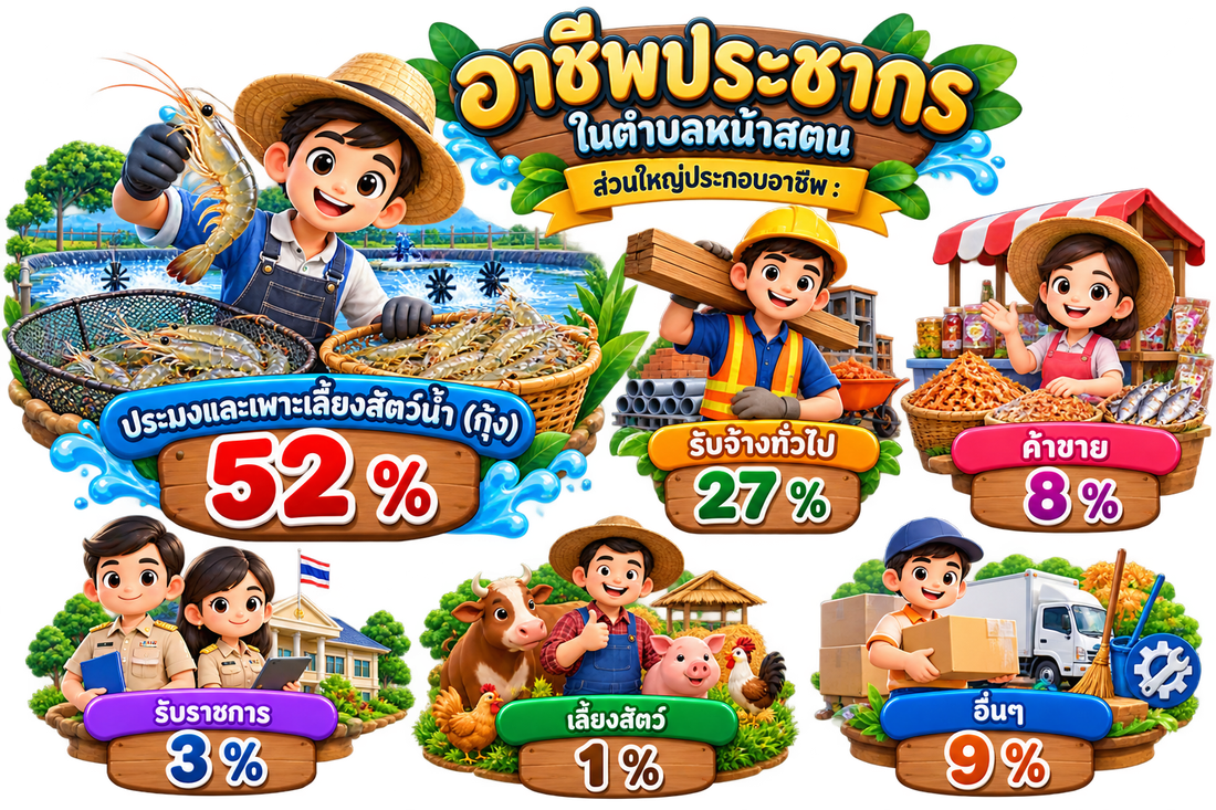 อาชีพประชากรในตำบลหน้าสตน ประมงและเพาะเลี้ยงสัตว์น้ำ (กุ้ง) 52% รับจ้างทั่วไป 27% ค้าขาย 8% รับราชการ 3% เลี้ยงสัตว์ 1% อื่นๆ 9%